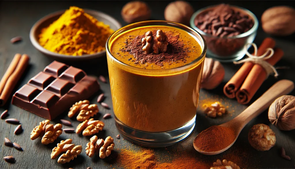 A rich turmeric chocolate smoothie in a clear glass, placed on a dark wooden table. The smoothie has a deep golden-brown hue and is topped with a sprinkle of cacao powder and a few walnut pieces. Surrounding the glass are raw cacao beans, walnuts, and a pinch of cinnamon, creating a decadent and brain-boosting presentation.