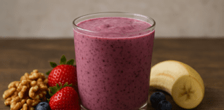 A vibrant berry walnut smoothie in a clear glass surrounded by fresh strawberries, blueberries, banana slices, walnuts, and flaxseed on a rustic wooden surface, symbolizing heart-healthy ingredients for improved artery elasticity.