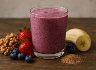A vibrant berry walnut smoothie in a clear glass surrounded by fresh strawberries, blueberries, banana slices, walnuts, and flaxseed on a rustic wooden surface, symbolizing heart-healthy ingredients for improved artery elasticity.