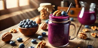 A deep purple walnut and blueberry smoothie in a clear glass, garnished with fresh blueberries and walnut pieces, set on a wooden table in a rustic kitchen with soft natural lighting.