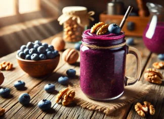 A deep purple walnut and blueberry smoothie in a clear glass, garnished with fresh blueberries and walnut pieces, set on a wooden table in a rustic kitchen with soft natural lighting.