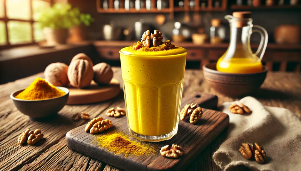 A vibrant golden-yellow walnut and turmeric smoothie in a tall glass, garnished with turmeric powder and walnut pieces, placed on a rustic wooden table with a cozy, naturally lit kitchen in the background.