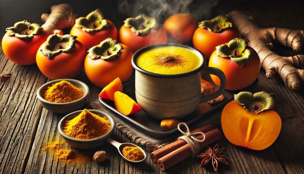 A golden, creamy persimmon smoothie infused with turmeric and spices, served in a warm mug, surrounded by fresh persimmons, cinnamon sticks, ginger, and turmeric on a rustic wooden table, creating a cozy nighttime atmosphere.