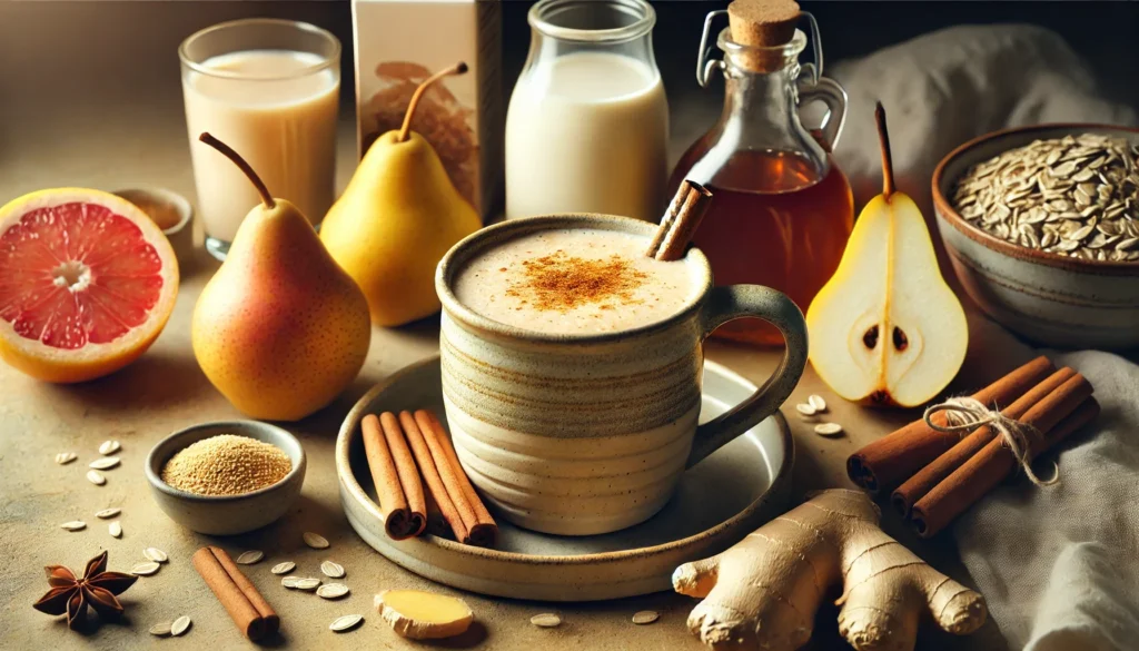 A cozy spiced smoothie in a ceramic mug with a golden-beige tone, styled with pear, cinnamon, ginger, maple syrup, and oat milk—capturing a comforting, brain-soothing drink in a warm, softly lit setting.