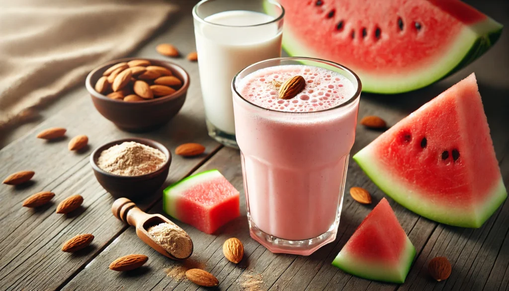 A soft pink Watermelon Almond Energy Smoothie in a clear glass with a frothy top, surrounded by fresh watermelon cubes, almond butter, almond milk, vanilla protein powder, and cinnamon on a wooden surface with soft, natural lighting.