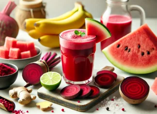 A vibrant red smoothie in a tall glass made from watermelon and beets, surrounded by fresh beet slices, watermelon chunks, grated ginger, lime, banana, and coconut water—crafted to boost nitric oxide and improve blood flow.
