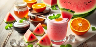 A pink smoothie made with watermelon and orange, topped with mint, surrounded by Greek yogurt, honey, orange slices, and ice cubes on a light wooden table.