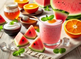 A pink smoothie made with watermelon and orange, topped with mint, surrounded by Greek yogurt, honey, orange slices, and ice cubes on a light wooden table.