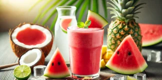 A bright pinkish-red Watermelon Coconut Hydration Smoothie in a clear glass, surrounded by fresh watermelon cubes, coconut water, pineapple chunks, lime halves, honey, and ice cubes on a wooden surface with soft, natural lighting.