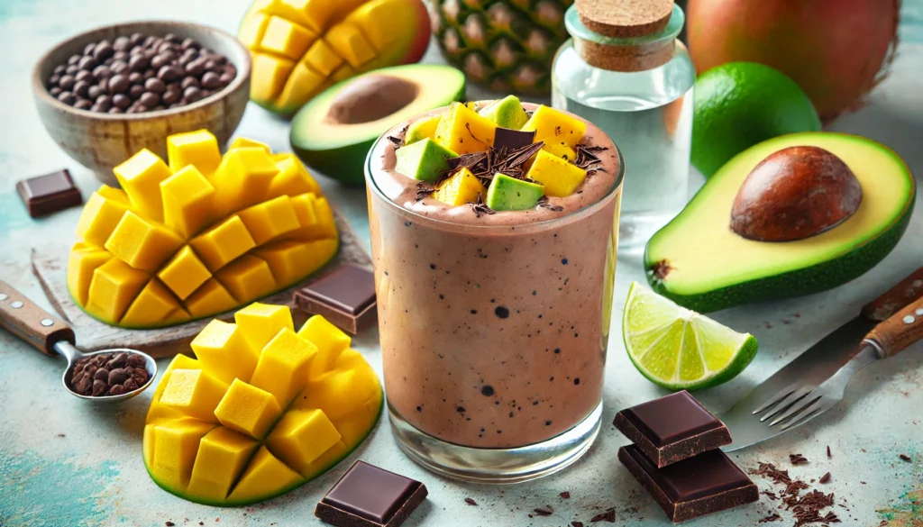 A tropical smoothie with a chocolate tint in a glass, surrounded by mango, pineapple, avocado, lime, dark chocolate pieces, and coconut water on a bright kitchen counter.